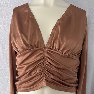 Brown Long Sleeve Top Ruched Front Plunge‎ V Neck Sexy Crop Top